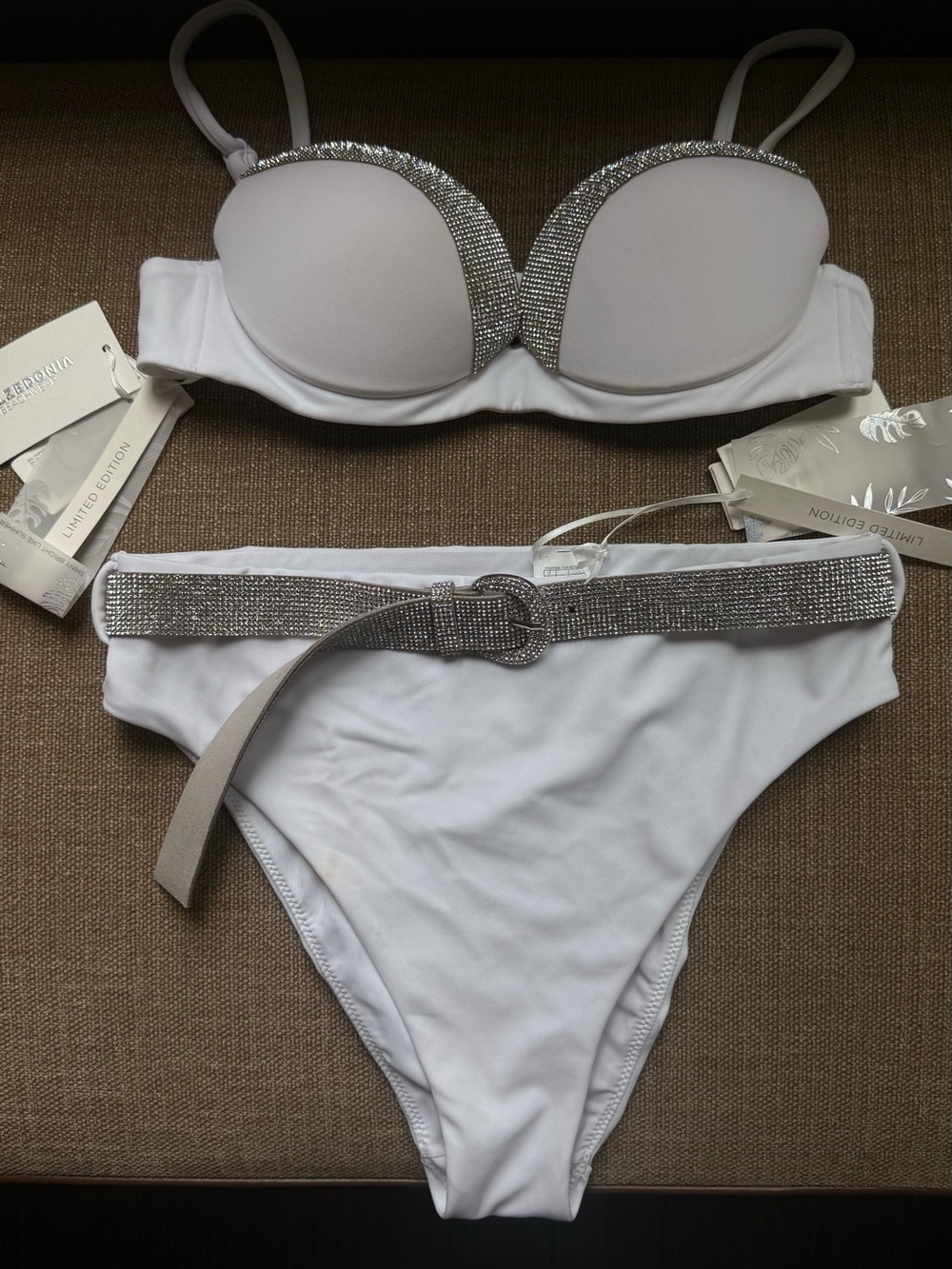 NWT Calzedonia Beachwear White Bikini Set with Rhinestone Trim & Belt